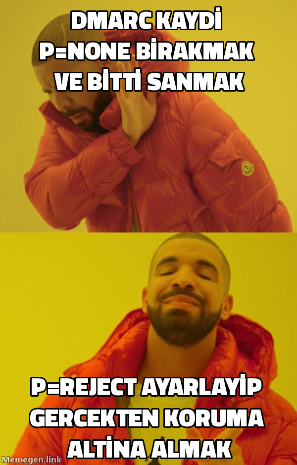 Drake meme: DMARC kaydını p=none bırakmak ve bitti sanmak, p=reject ayarlayıp gerçekten koruma altına almak