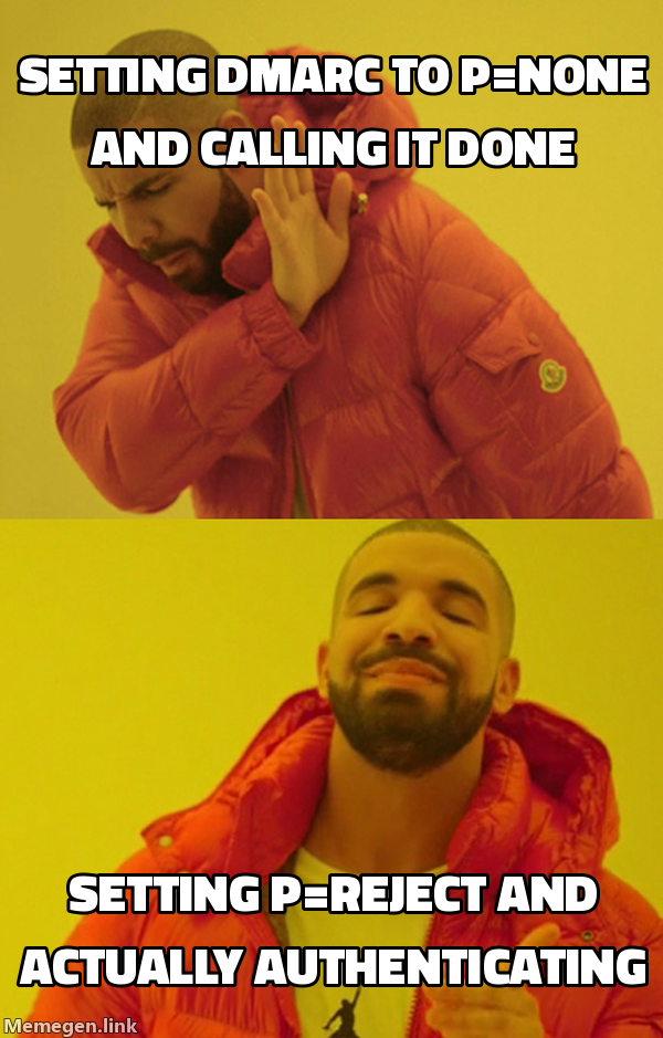 Drake meme: rejecting DMARC p=none, approving p=reject