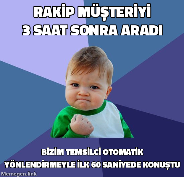 Success Kid memesi: rakip müşteri adayını 3 saat sonra ararken bizim temsilcimiz otomatik yönlendirme sayesinde ilk 60 saniyede konuşmuş.
