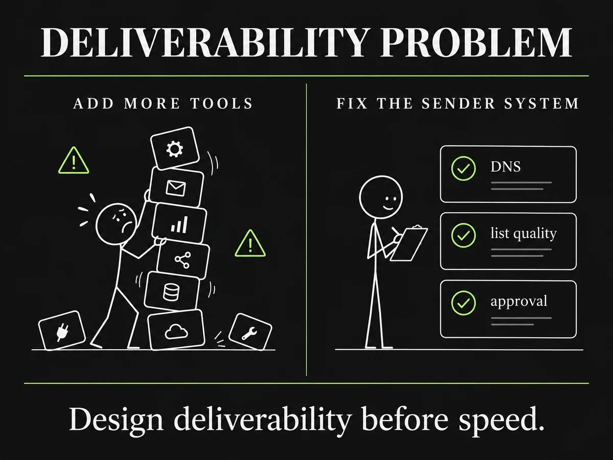 Premium stick-figure meme: add more tools versus fix the sender system.