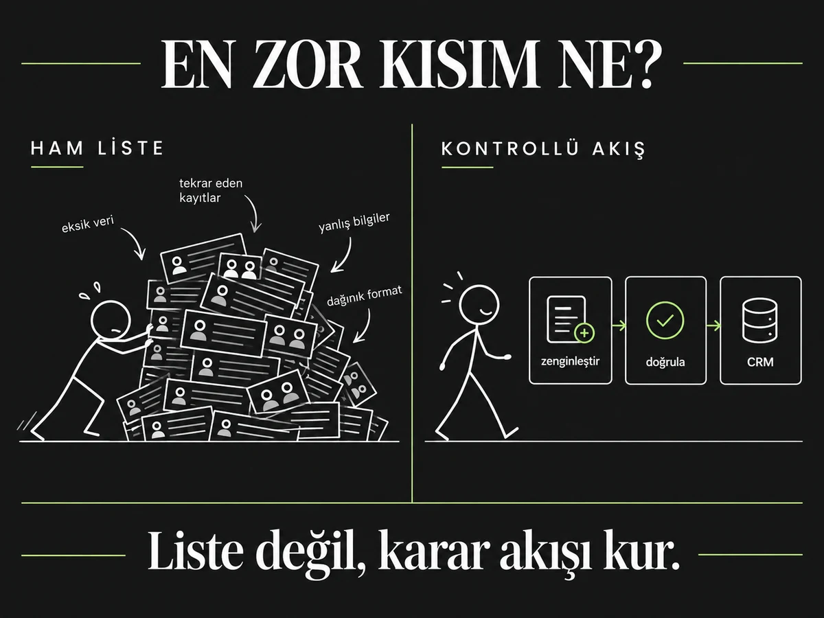 Premium çöp adam memi: ham liste yerine zenginleştir, doğrula ve CRM akışı kur.