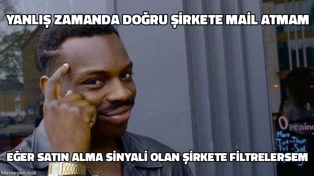 Roll Safe memi: yanlış zamanda doğru şirkete mail atmam, eğer satın alma sinyali olan şirkete filtreler isem